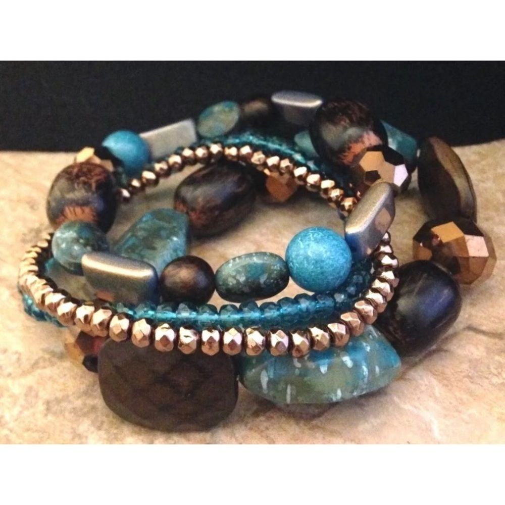 New Stretch Bracelet Set Simulated Wood & Stone - 8I